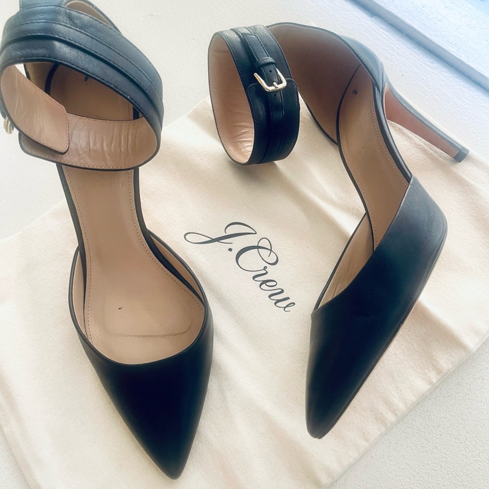 J. Crew Black Leather Ankle Strap Heels 8M